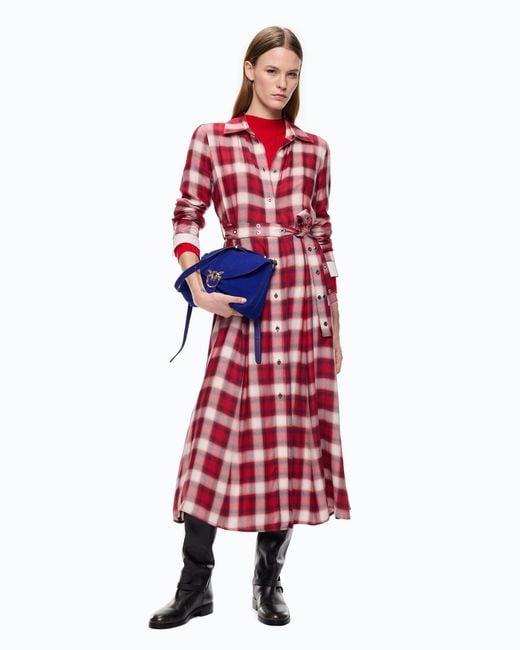 Pinko Red Long Shirt Dress With Check Pattern And Belt
