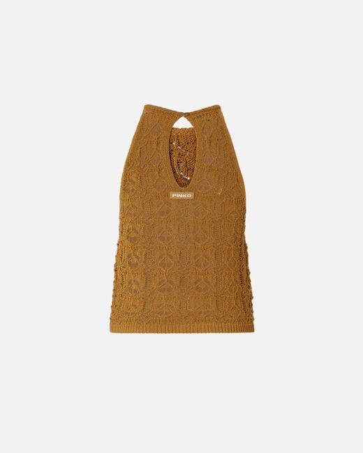 Pinko Brown Crochet-Effect Top With Appliqué Flowers