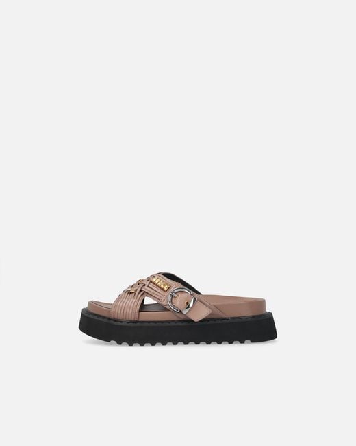Pinko White Woven Nappa Leather Slip-On Sandals With Metallic Rings