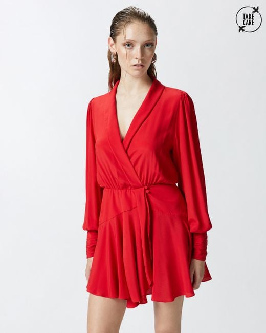 Pinko Red Plunging-Neck Silk-Blend Mini Dress, Salsa