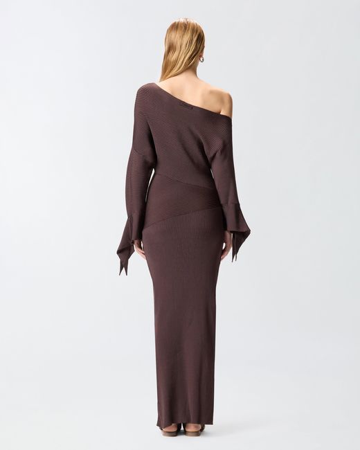 Pinko Brown Long Rib-Knit Dress With Asymmetrical Neckline
