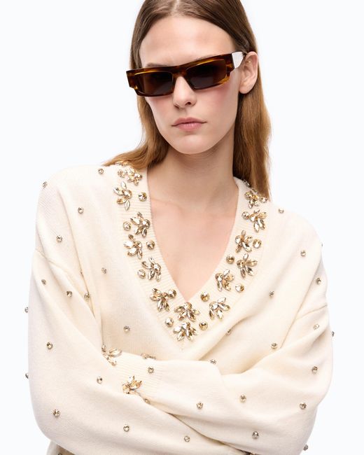Pinko Natural Wool And Cashmere Sweater With Jewel Appliqués