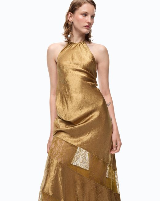 Pinko Metallic Asymmetric Satin Midi Dress With Lace