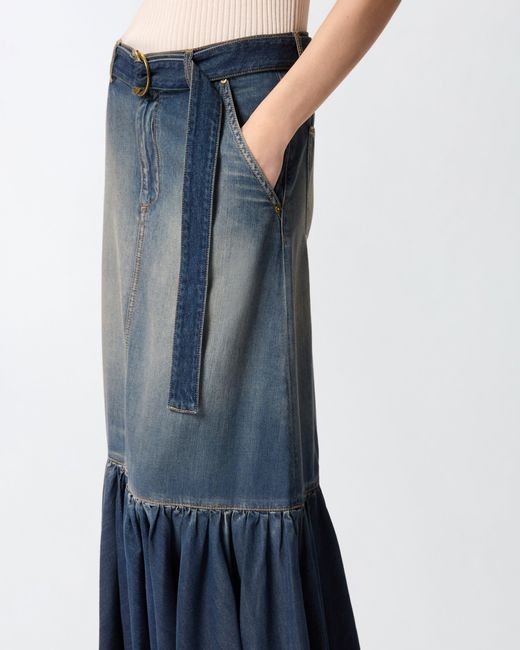 Pinko Blue Long Denim Skirt With Flounce And Belt