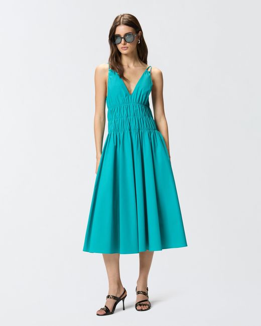 Pinko Blue Sleeveless Midi Dress With Pleats And Gathering