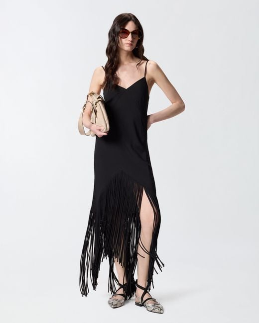 Pinko Black Long Slip Dress With Fringing