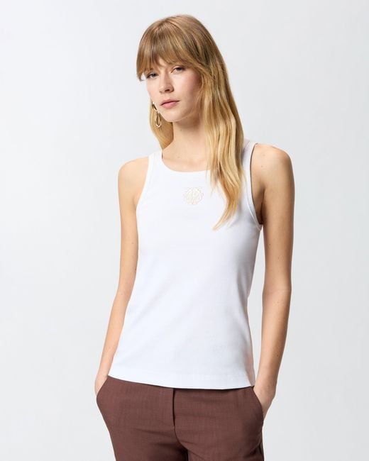 Pinko White Ribbed Vest Top With Love Birds Embroidery