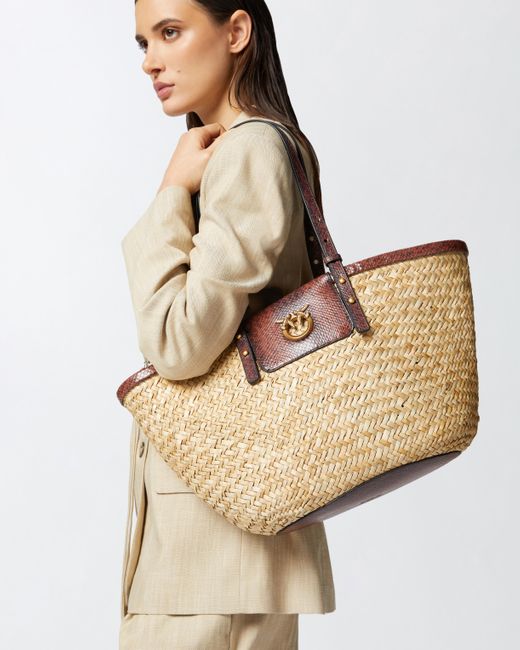 Pinko Natural Raffia Shopper Bag With Reptile-Print Details