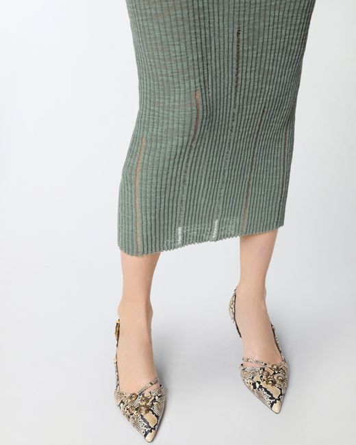 Pinko Green Ribbed Slim-Fit Midi Dress With Rips