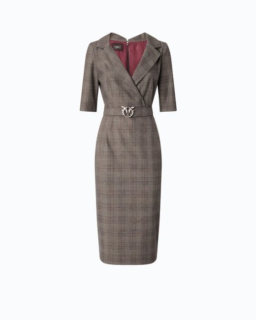 Pinko Brown Slim-Fit Check Wool Dress With Love Birds Belt