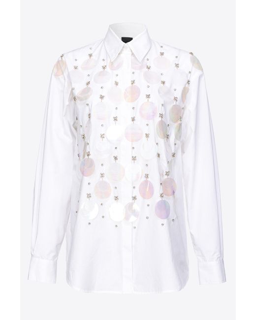 Pinko White Poplin Shirt With Sequin Embroidery