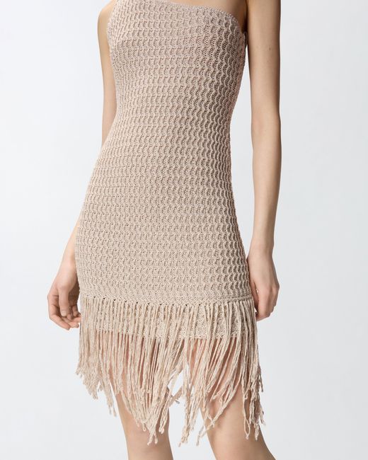 Pinko White One-Shoulder Mini Dress With Fringing
