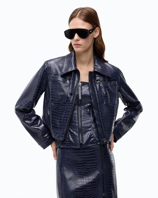 Pinko Blue Crocodile Skin-Effect Aviator Jacket