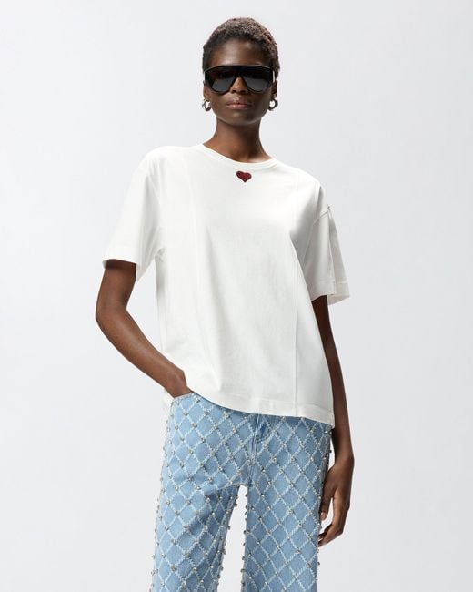 Pinko White T-Shirt With Heart Embroidery