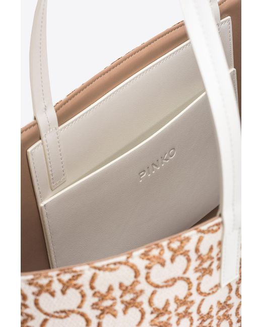 Pinko White Big Shopper Bag In Monogram Raffia