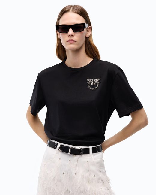 Pinko Black T-Shirt With Love Birds Jewel Detail