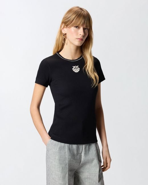 Pinko Blue Fine-Rib T-Shirt With Love Birds Embroidery