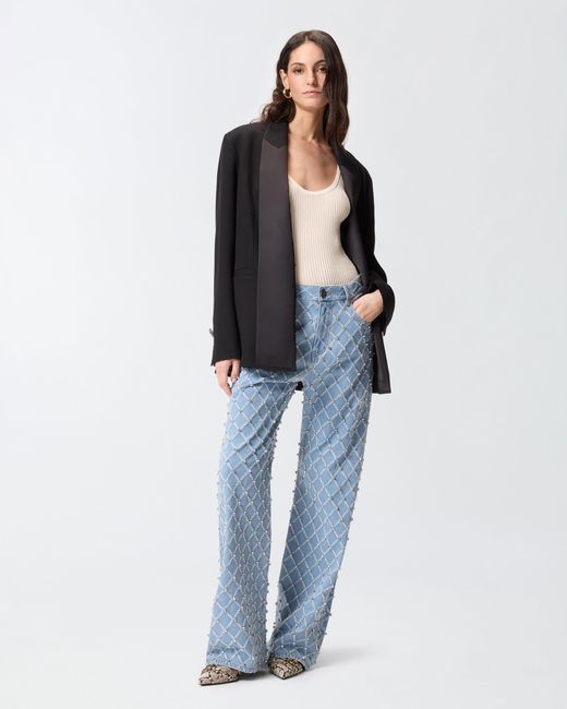 Pinko Blue Wide-Leg Jeans With Diamond And Rhinestone Motif