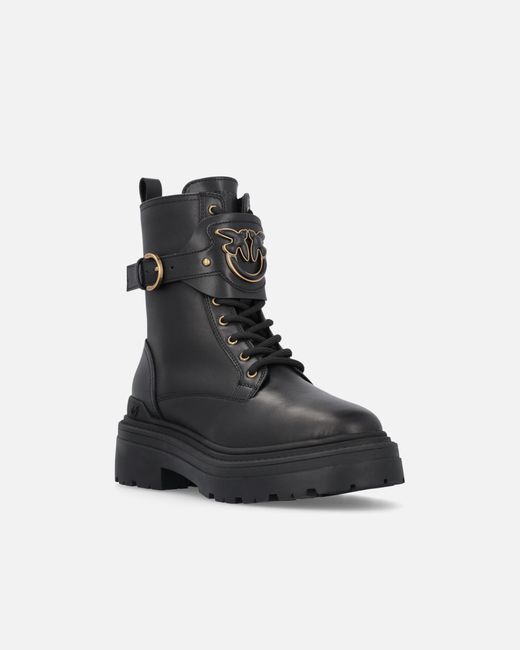 Pinko Black Leather Combat Boots With Branded Front Strap