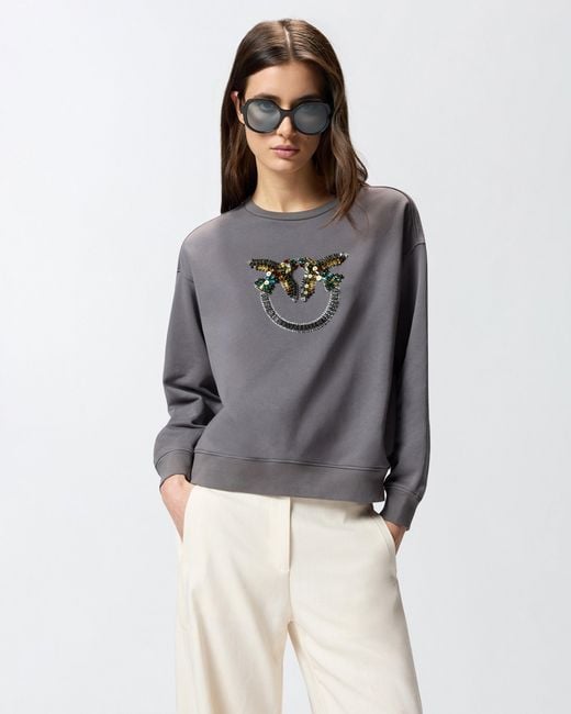 Pinko Gray Sweatshirt With Love Birds Jewel Maxi Embroidery