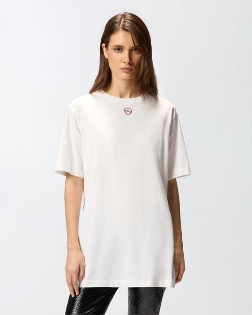 Pinko White Oversized Long T-shirt With Print And Embroidery