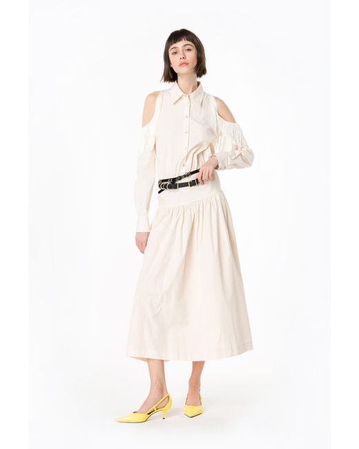 Pinko Natural Shirt Dress With Open Shoulders And Fringing