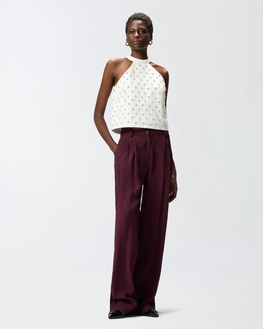 Pinko White Halterneck Top With Diamond Motif And Rhinestones