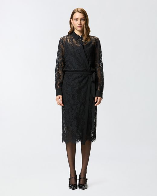 Pinko Black Midi Dress In Rebrodé Lace With Long Sleeves