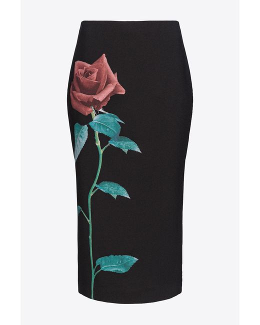Pinko Black Rose-print Calf-length Skirt
