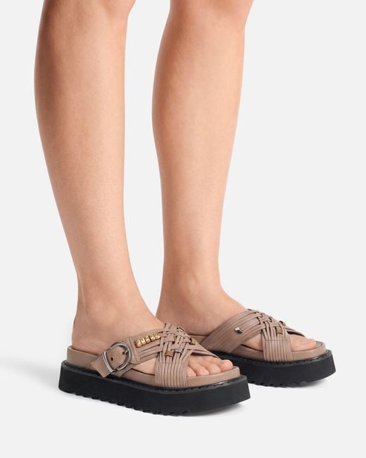 Pinko White Woven Nappa Leather Slip-On Sandals With Metallic Rings