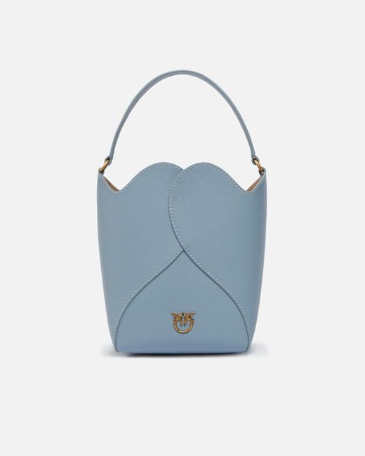 Pinko Blue Heart Mini Leather Bucket Bag With Shoulder Strap