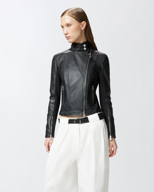 Blouson De Motard En Cuir Avec Dos En Tissu Pinko en coloris Black