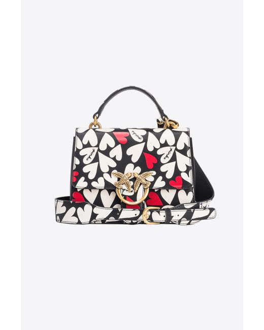 Pinko Multicolor Mini Love Bag Top Handle Light Herzenprint, Schwarz/Weiss/Rot-Antikgold