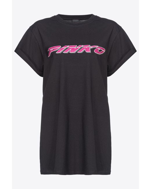 Pinko Black T-Shirt Mit Strassbesetztem -Print, Schwarz/Fuchsia