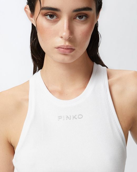 Pinko White Ribbed Camisole Top With Logo
