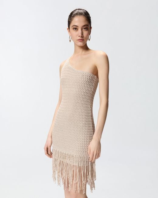 Pinko White One-Shoulder Mini Dress With Fringing