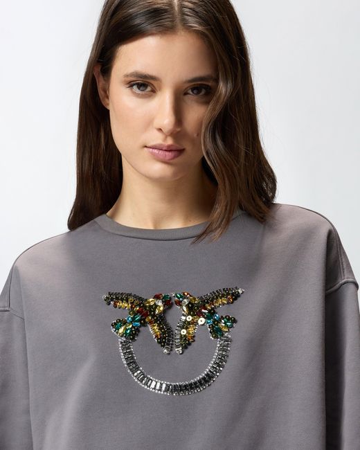 Pinko Gray Sweatshirt With Love Birds Jewel Maxi Embroidery