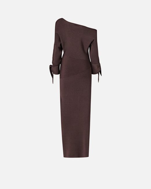 Pinko Brown Long Rib-Knit Dress With Asymmetrical Neckline