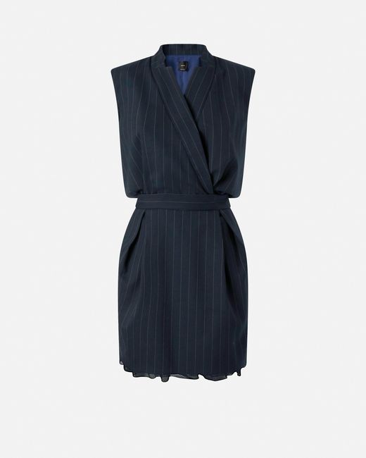 Pinko Blue Sleeveless Short Dress In Pinstripe Poly Wool