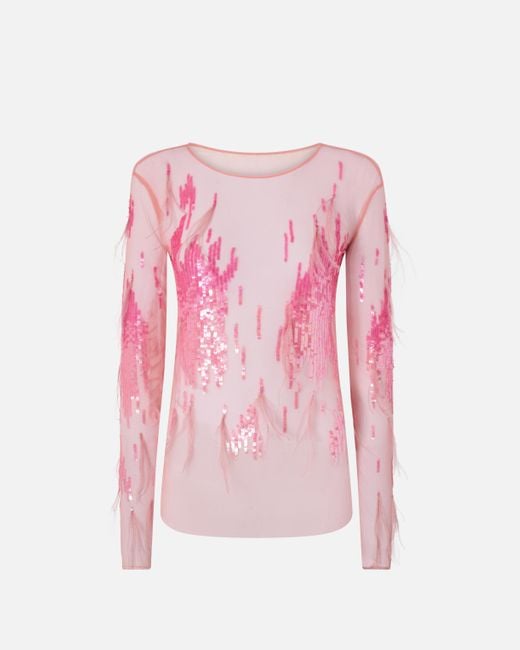 Maglia Trasparente Con Paillettes E Piume di Pinko in Pink