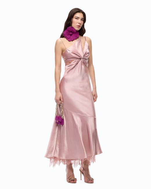 Pinko Pink Long Satin Dress With Draping And Lace