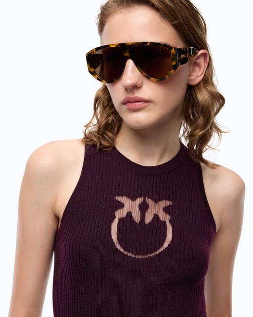 Pinko Purple Ribbed Top With Sheer Love Birds Logo