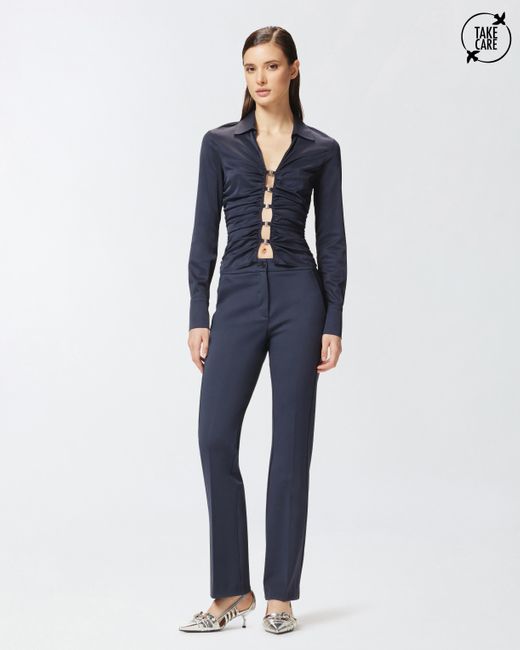Pinko Blue Shiny Shirt With Gathering And Back Opening