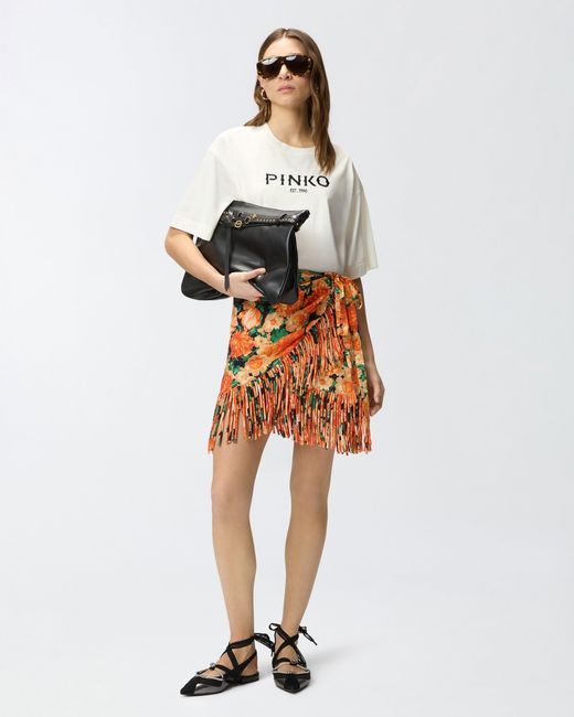 Pinko Orange Short Skirt With Fringing And Botanic Garden Print