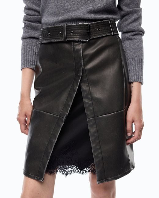 Pinko Black Leather-Effect Knee-Length Skirt With Belt And Slit