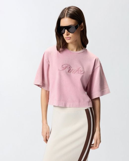 Pinko Pink Cropped T-Shirt With Distressed Embroidery