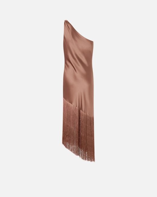 Pinko White Satin One-Shoulder Mini Dress With Fringing