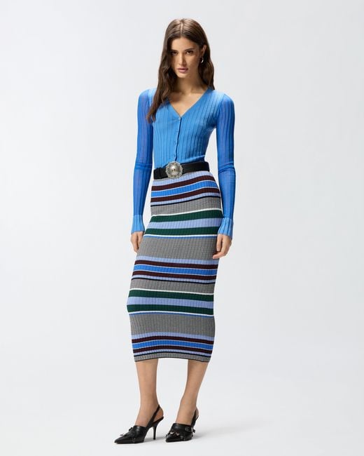 Pinko Blue Calf-Length Striped Knit Slim-Fit Skirt
