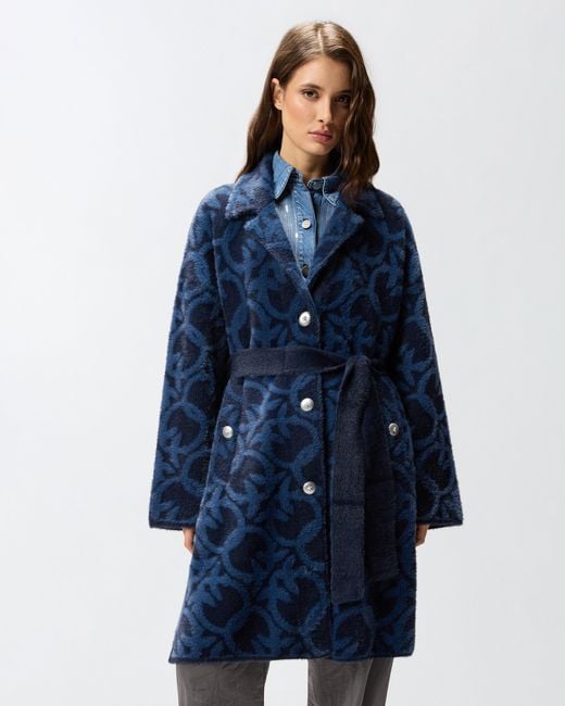 Pinko Blue Velour-effect Coat With Jacquard Logo