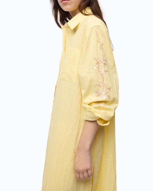 Pinko Metallic Long Striped Chemisier Dress With Floral Embroidery